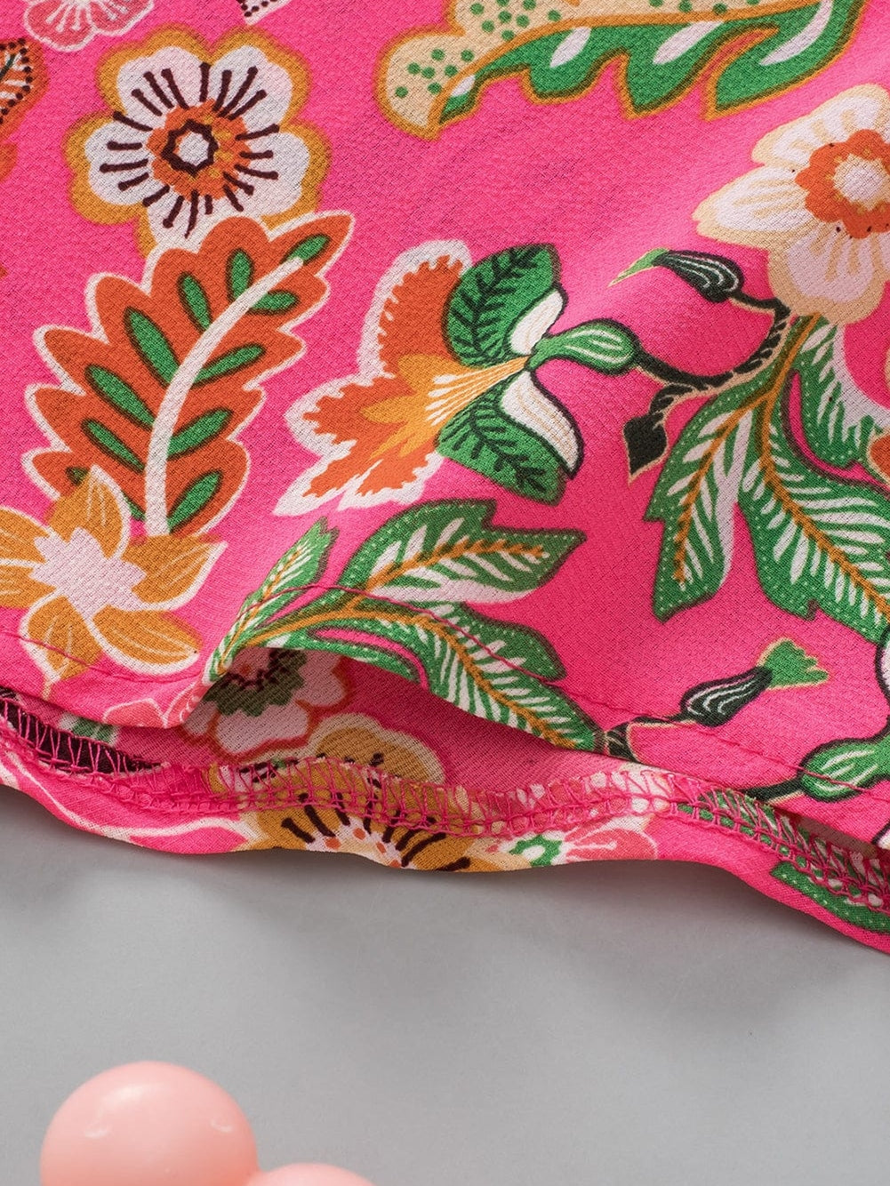 Pink Floral Smocked Sleeve Shirt with Strawberry Print