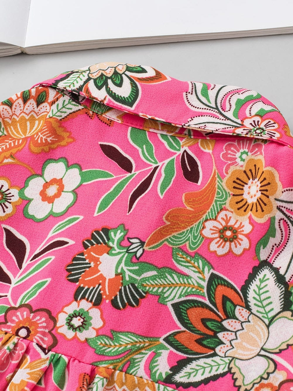 Pink Floral Smocked Sleeve Shirt with Strawberry Print