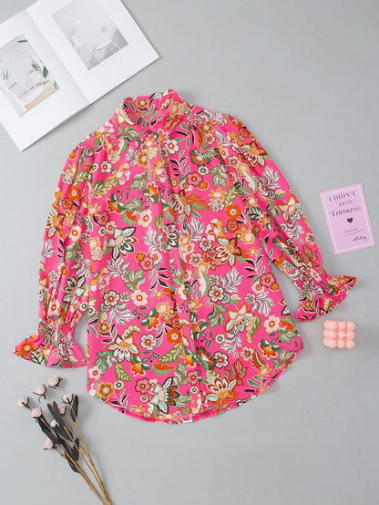 Pink Floral Smocked Sleeve Shirt with Strawberry Print