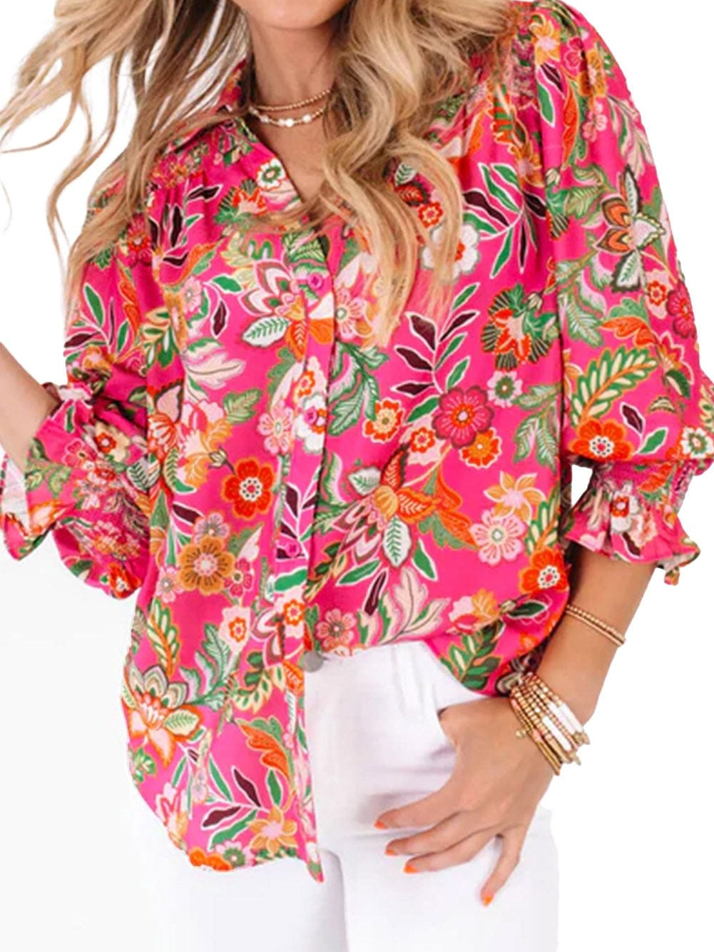 Pink Floral Smocked Sleeve Shirt with Strawberry Print