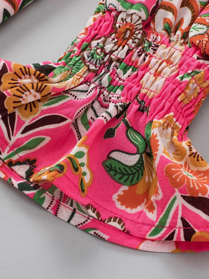 Pink Floral Smocked Sleeve Shirt with Strawberry Print