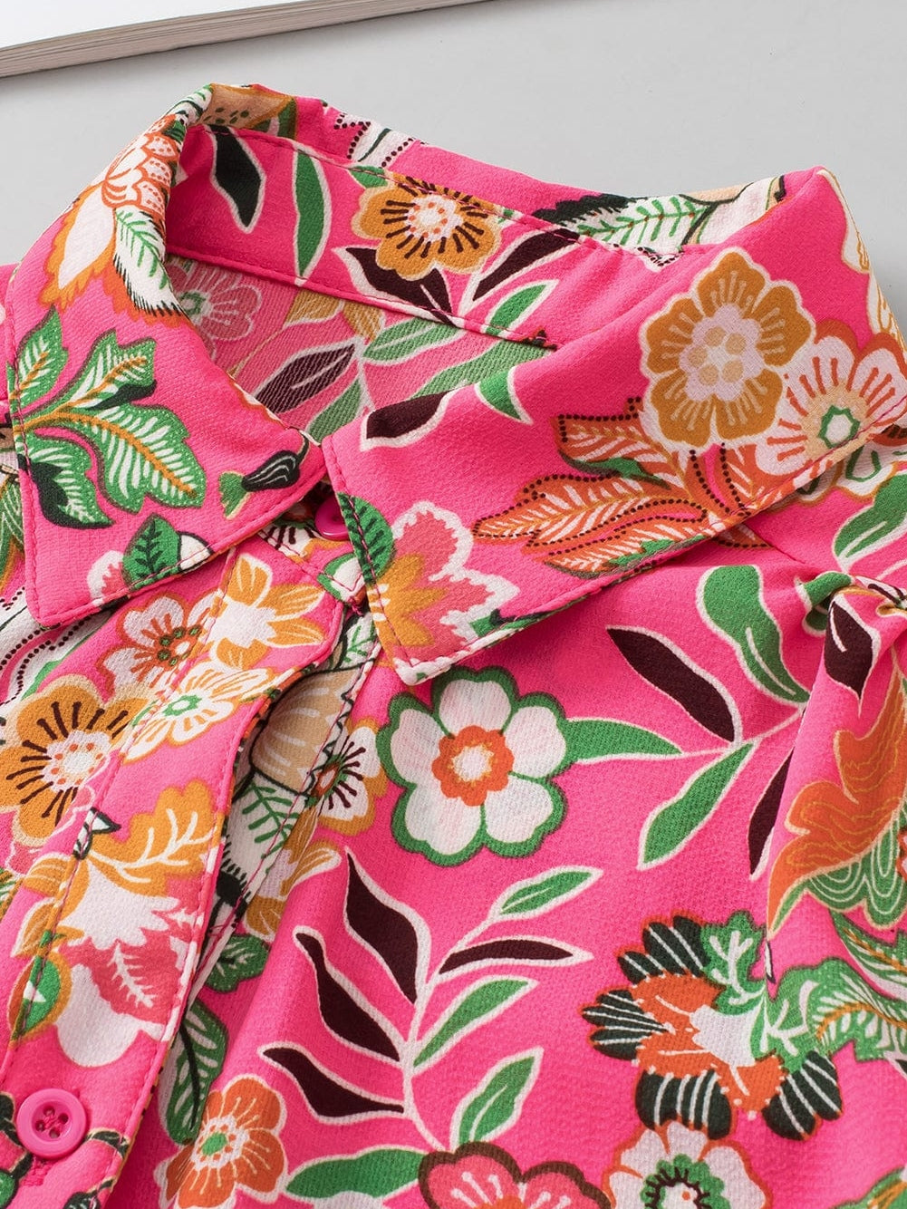 Pink Floral Smocked Sleeve Shirt with Strawberry Print