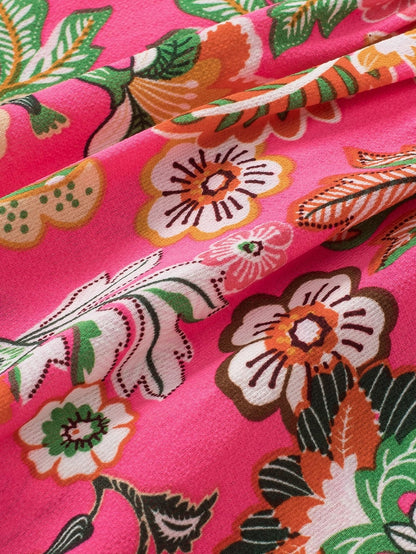 Pink Floral Smocked Sleeve Shirt with Strawberry Print