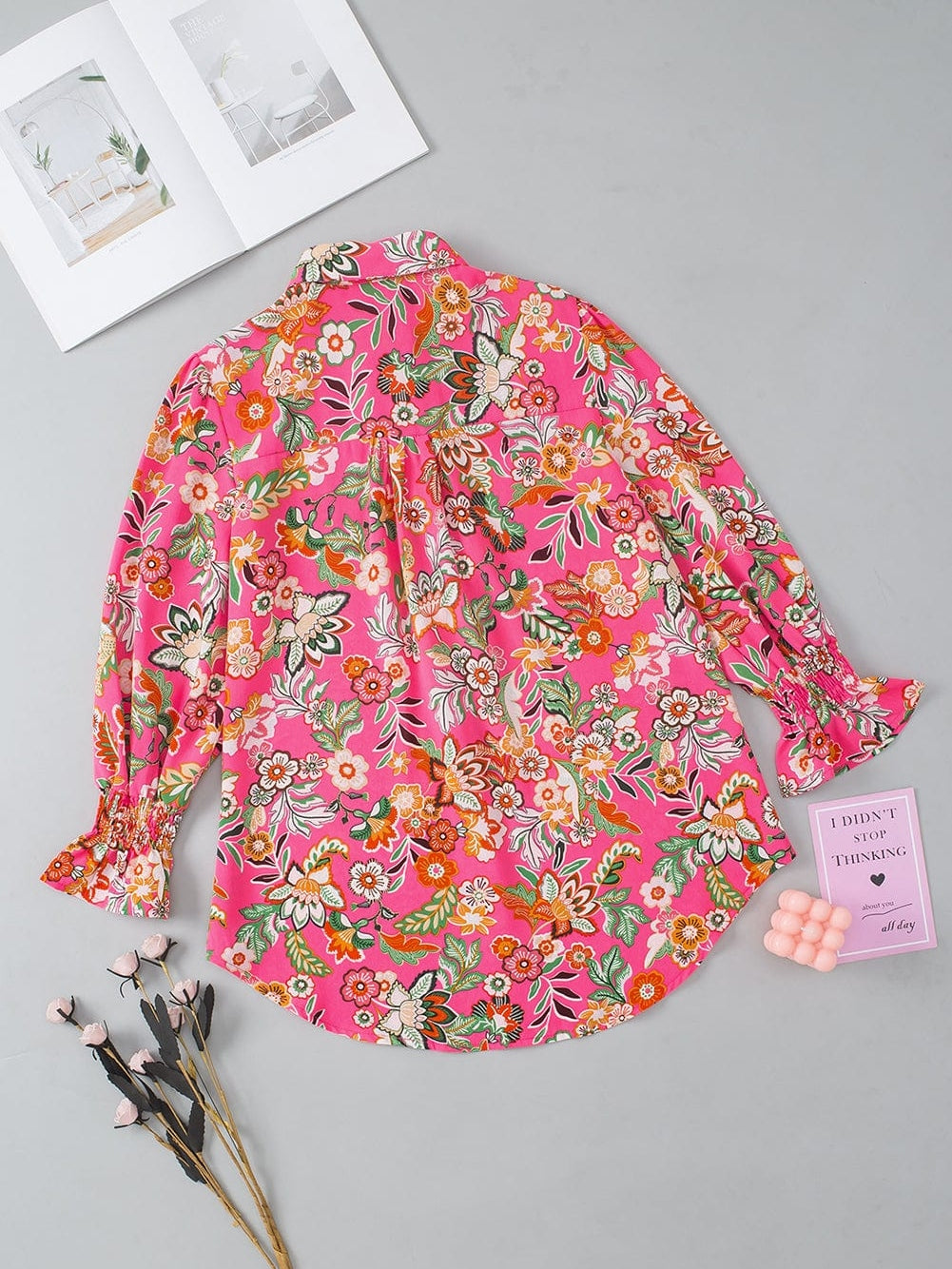 Pink Floral Smocked Sleeve Shirt with Strawberry Print