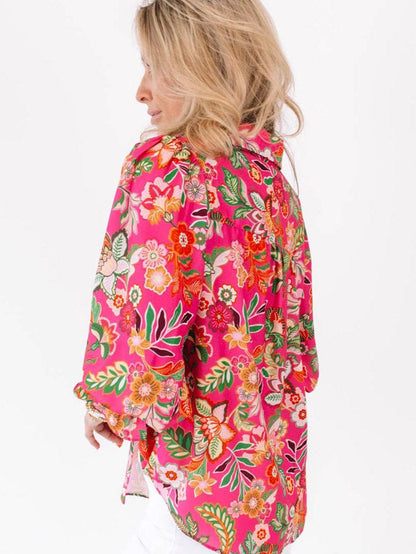 Pink Floral Smocked Sleeve Shirt with Strawberry Print