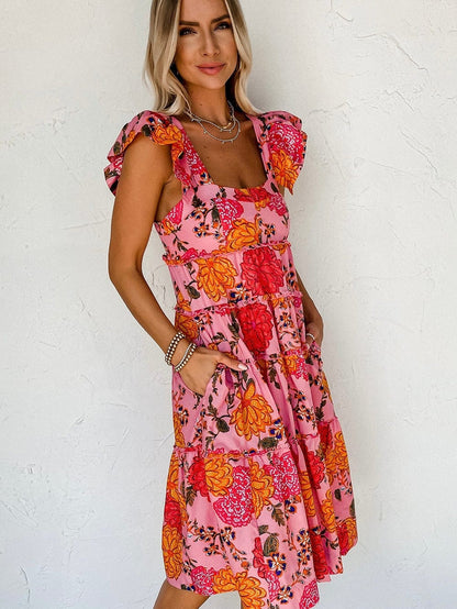 Pink Floral Square Neck Flutter Sleeve Tiered Midi Dress with Rick Rack Details