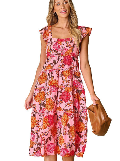 Pink Floral Square Neck Flutter Sleeve Tiered Midi Dress with Rick Rack Details