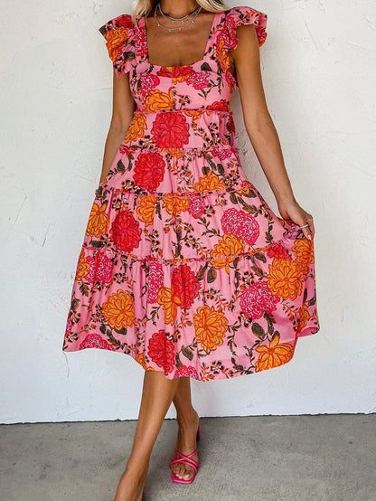Pink Floral Square Neck Flutter Sleeve Tiered Midi Dress with Rick Rack Details