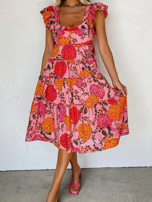 Pink Floral Square Neck Flutter Sleeve Tiered Midi Dress with Rick Rack Details