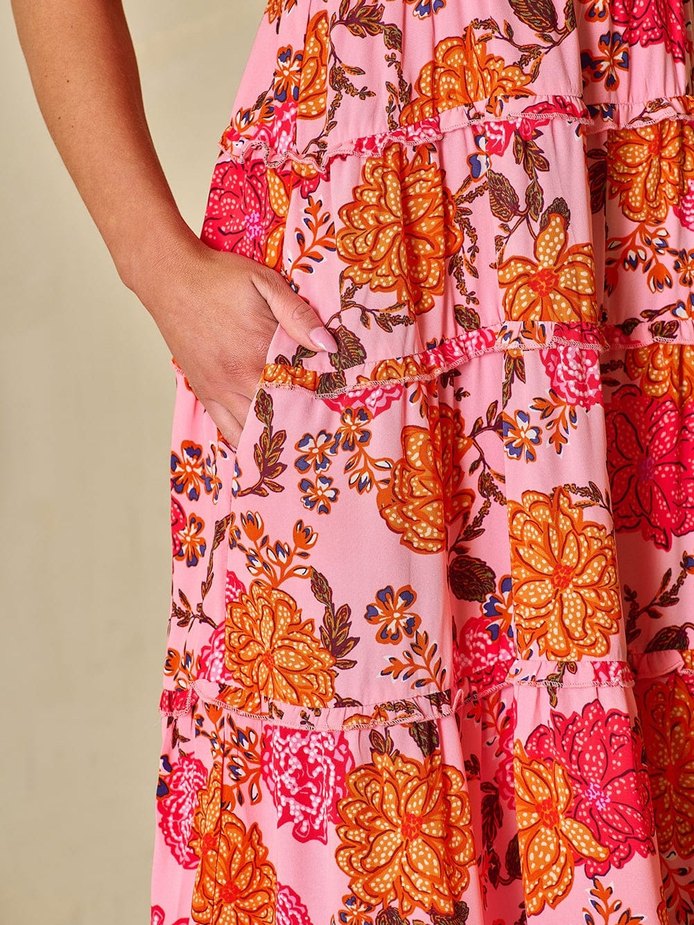 Pink Floral Square Neck Flutter Sleeve Tiered Midi Dress with Rick Rack Details