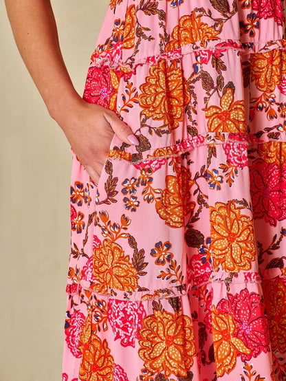 Pink Floral Square Neck Flutter Sleeve Tiered Midi Dress with Rick Rack Details