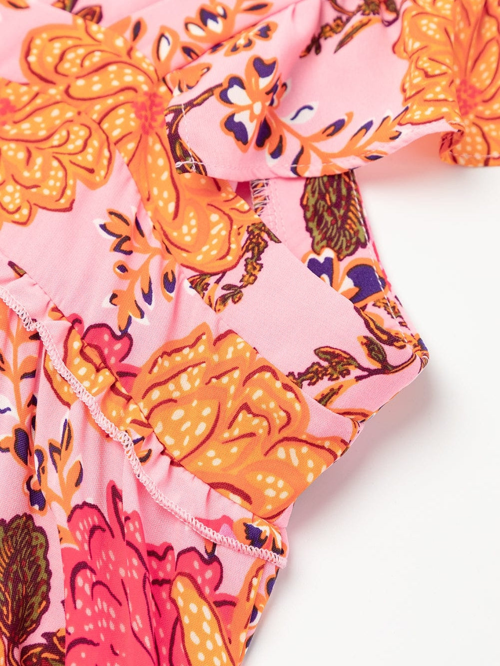 Pink Floral Square Neck Flutter Sleeve Tiered Midi Dress with Rick Rack Details