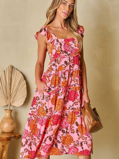Pink Floral Square Neck Flutter Sleeve Tiered Midi Dress with Rick Rack Details