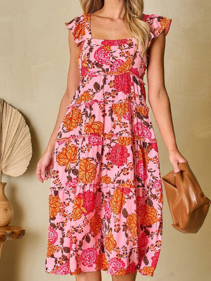 Pink Floral Square Neck Flutter Sleeve Tiered Midi Dress with Rick Rack Details