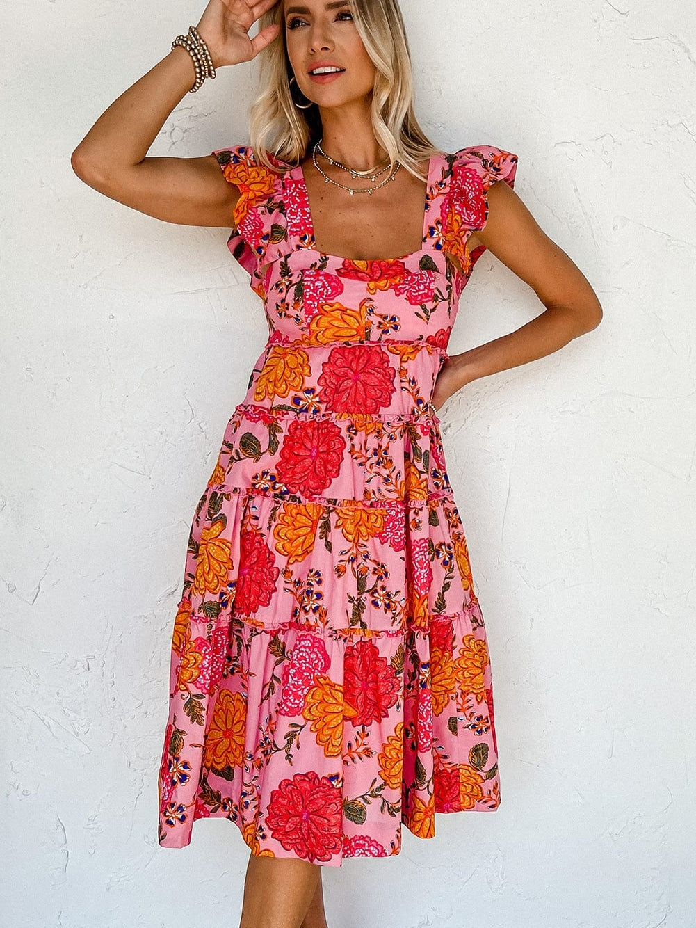 Pink Floral Square Neck Flutter Sleeve Tiered Midi Dress with Rick Rack Details