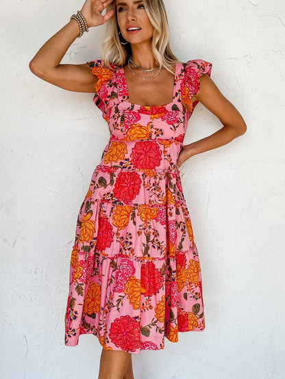 Pink Floral Square Neck Flutter Sleeve Tiered Midi Dress with Rick Rack Details