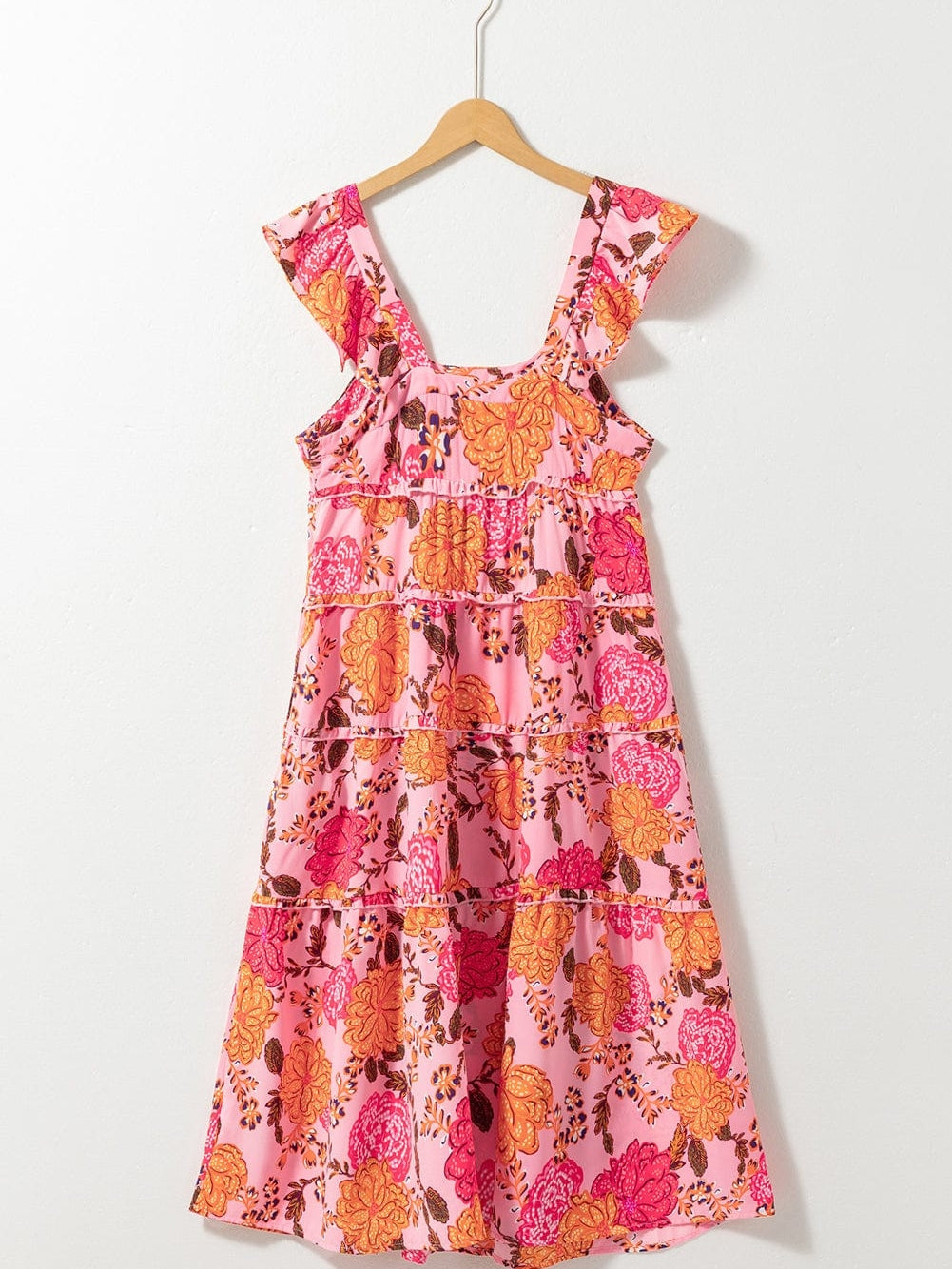 Pink Floral Square Neck Flutter Sleeve Tiered Midi Dress with Rick Rack Details