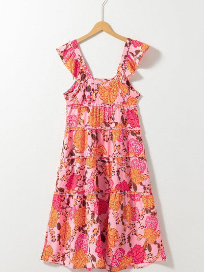 Pink Floral Square Neck Flutter Sleeve Tiered Midi Dress with Rick Rack Details