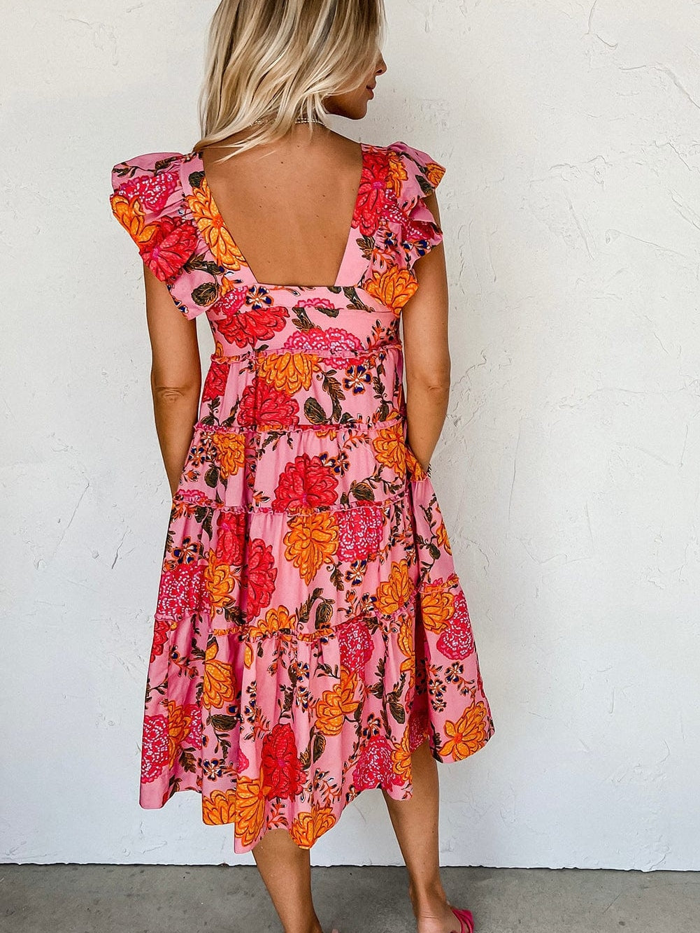 Pink Floral Square Neck Flutter Sleeve Tiered Midi Dress with Rick Rack Details