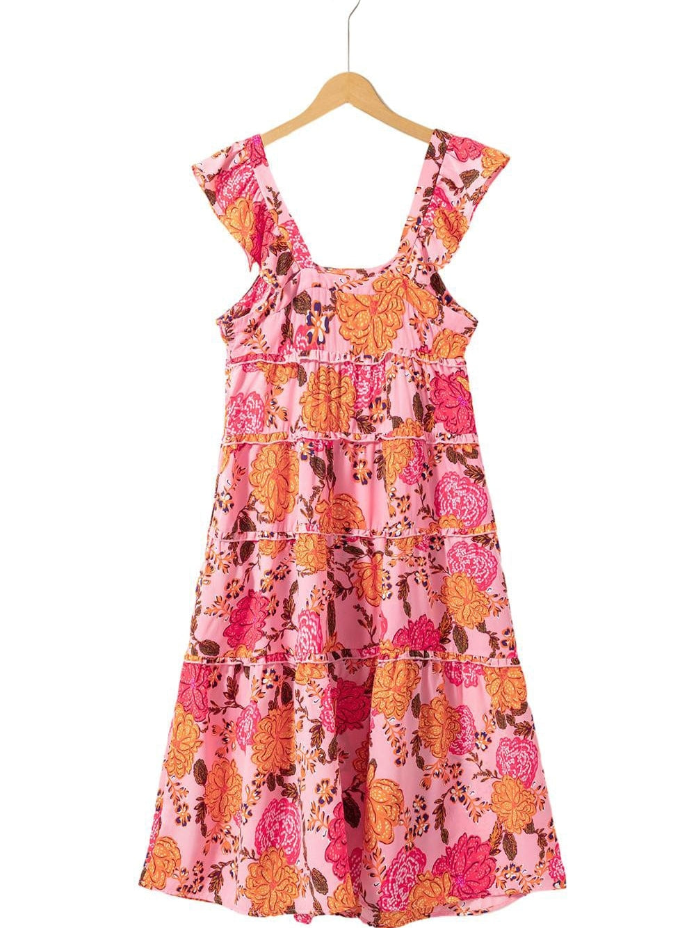 Pink Floral Square Neck Flutter Sleeve Tiered Midi Dress with Rick Rack Details