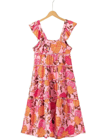 Pink Floral Square Neck Flutter Sleeve Tiered Midi Dress with Rick Rack Details