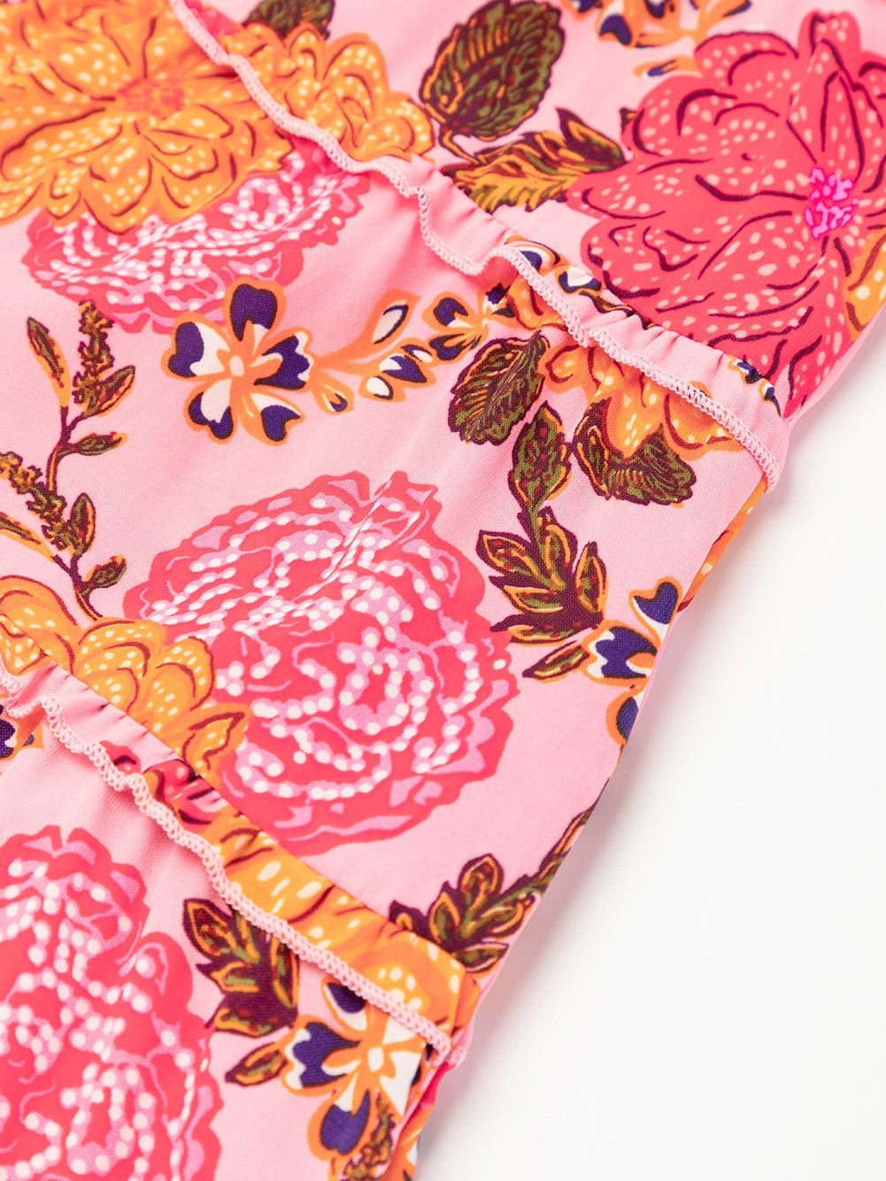 Pink Floral Square Neck Flutter Sleeve Tiered Midi Dress with Rick Rack Details