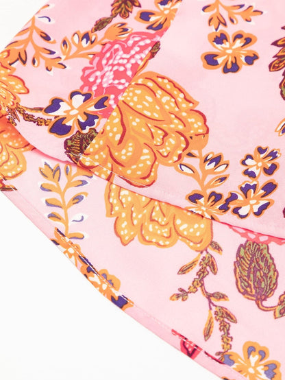 Pink Floral Square Neck Flutter Sleeve Tiered Midi Dress with Rick Rack Details