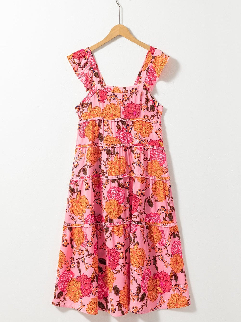 Pink Floral Square Neck Flutter Sleeve Tiered Midi Dress with Rick Rack Details