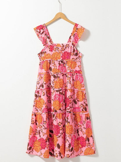Pink Floral Square Neck Flutter Sleeve Tiered Midi Dress with Rick Rack Details