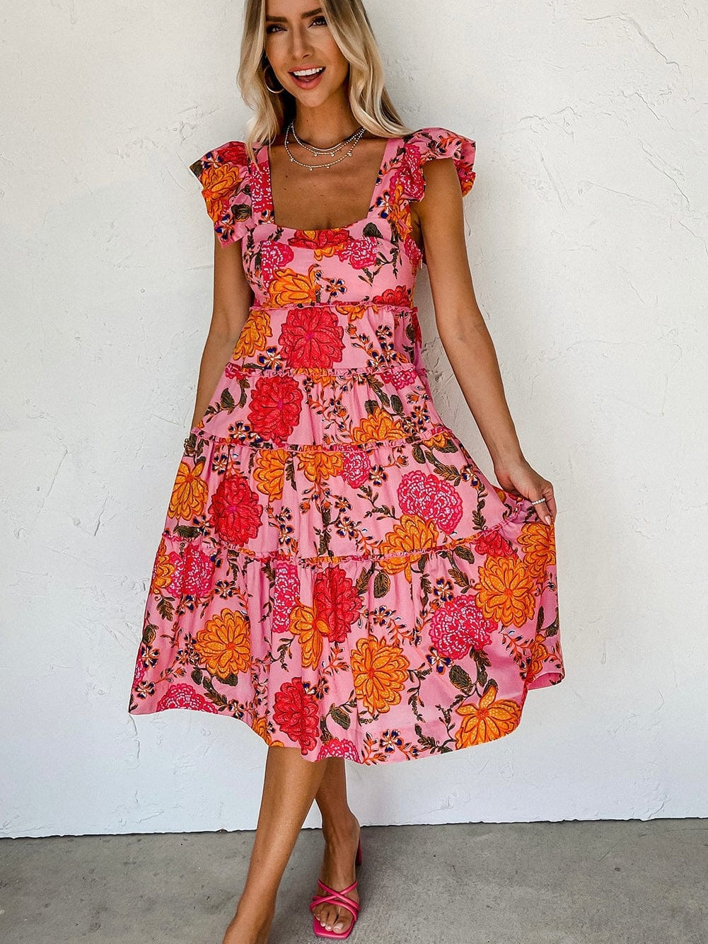 Pink Floral Square Neck Flutter Sleeve Tiered Midi Dress with Rick Rack Details