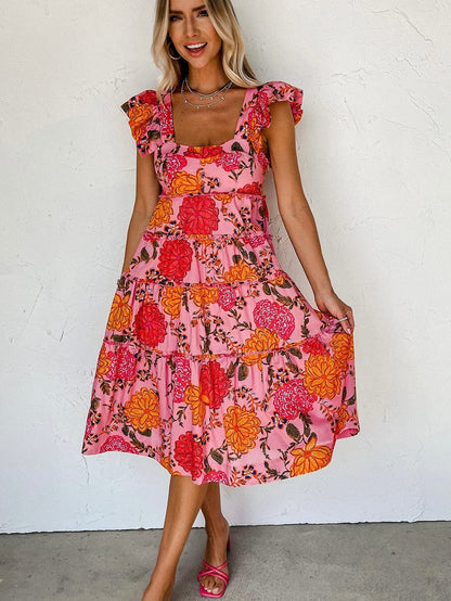 Pink Floral Square Neck Flutter Sleeve Tiered Midi Dress with Rick Rack Details