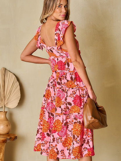 Pink Floral Square Neck Flutter Sleeve Tiered Midi Dress with Rick Rack Details