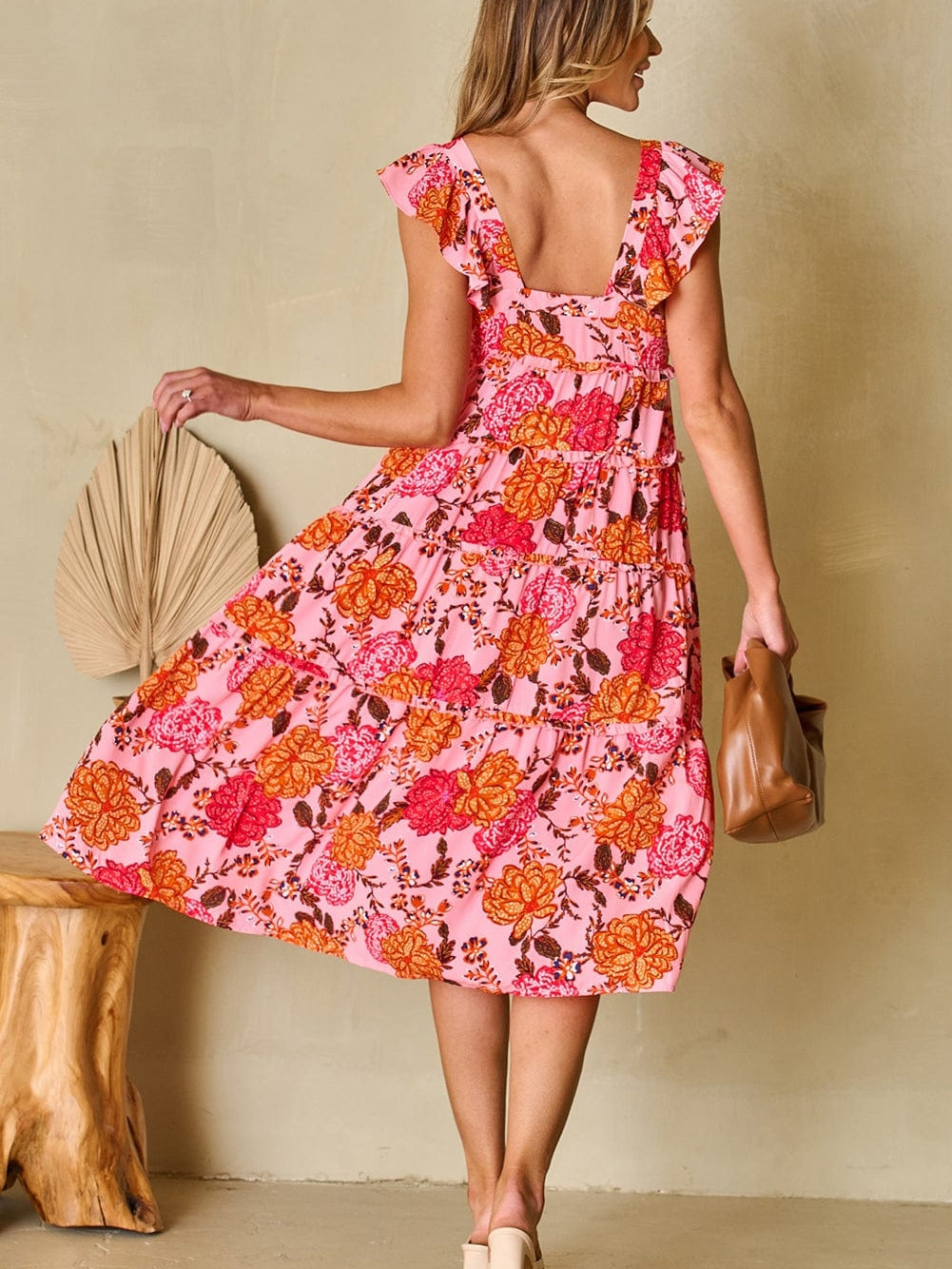 Pink Floral Square Neck Flutter Sleeve Tiered Midi Dress with Rick Rack Details