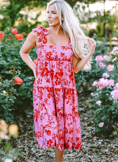 Pink Floral Tiered Bohemian Midi Dress with Tie Shoulder Straps