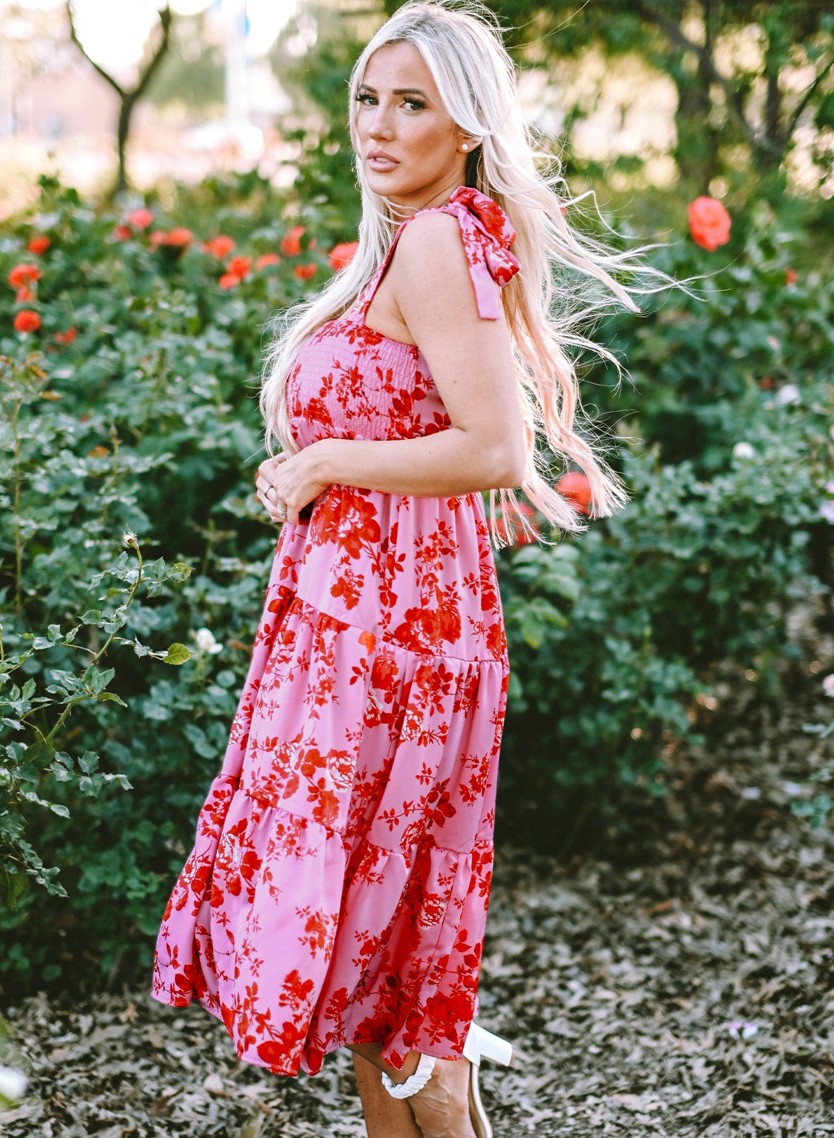 Pink Floral Tiered Bohemian Midi Dress with Tie Shoulder Straps