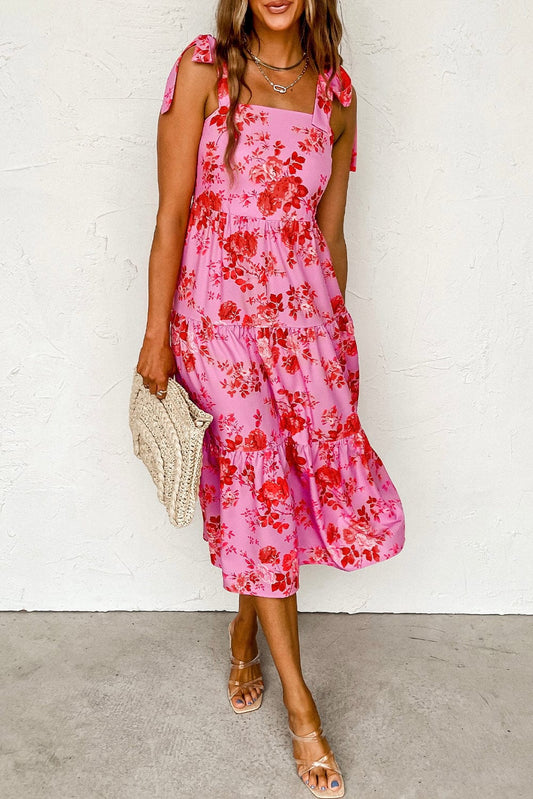 Pink Floral Tiered Bohemian Midi Dress with Tie Shoulder Straps