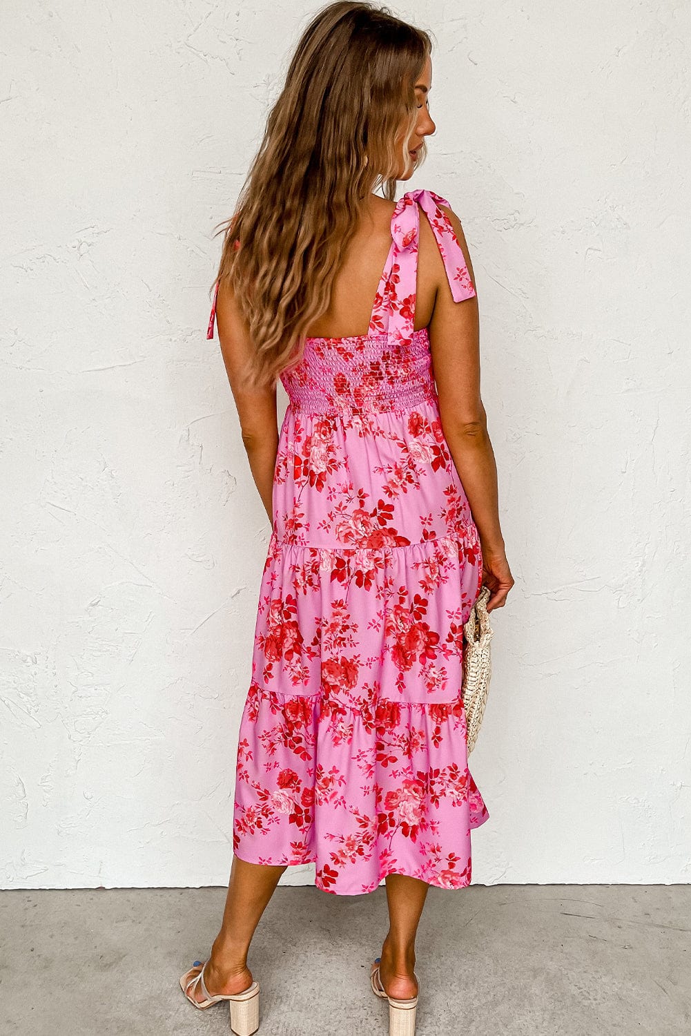 Pink Floral Tiered Bohemian Midi Dress with Tie Shoulder Straps