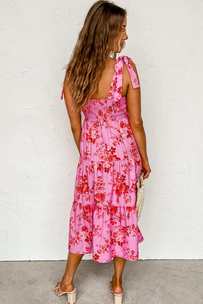 Pink Floral Tiered Bohemian Midi Dress with Tie Shoulder Straps