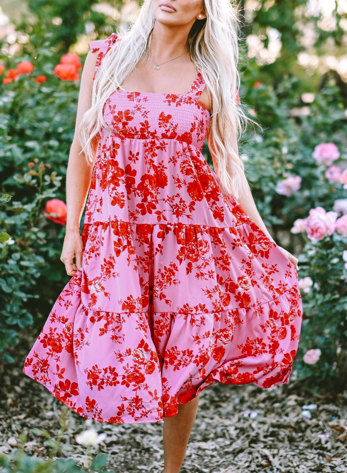 Pink Floral Tiered Bohemian Midi Dress with Tie Shoulder Straps