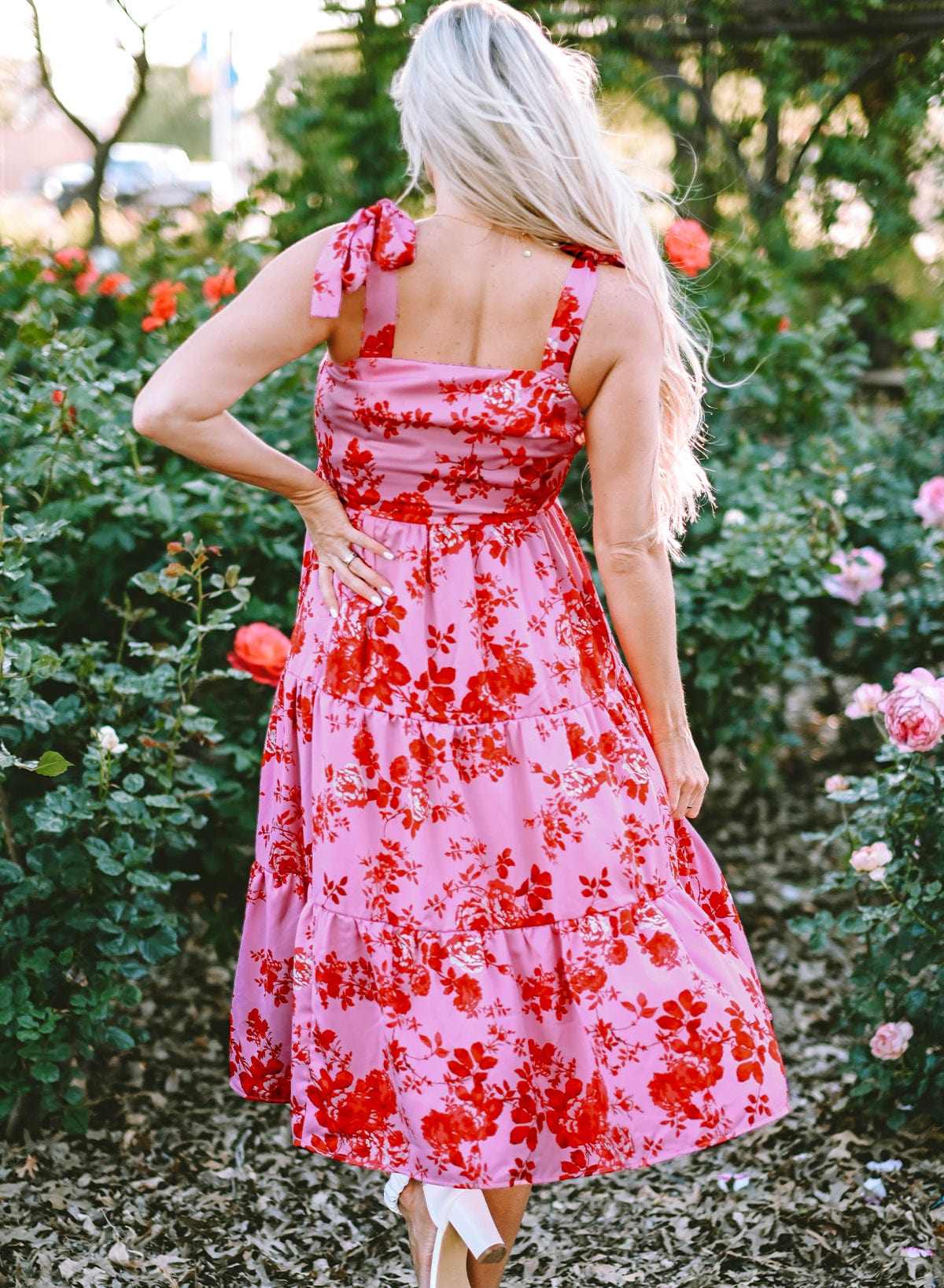 Pink Floral Tiered Bohemian Midi Dress with Tie Shoulder Straps