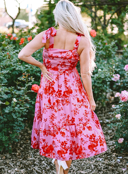 Pink Floral Tiered Bohemian Midi Dress with Tie Shoulder Straps