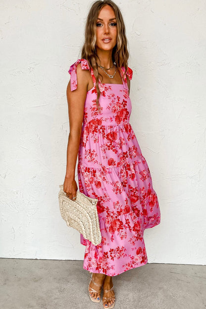 Pink Floral Tiered Bohemian Midi Dress with Tie Shoulder Straps