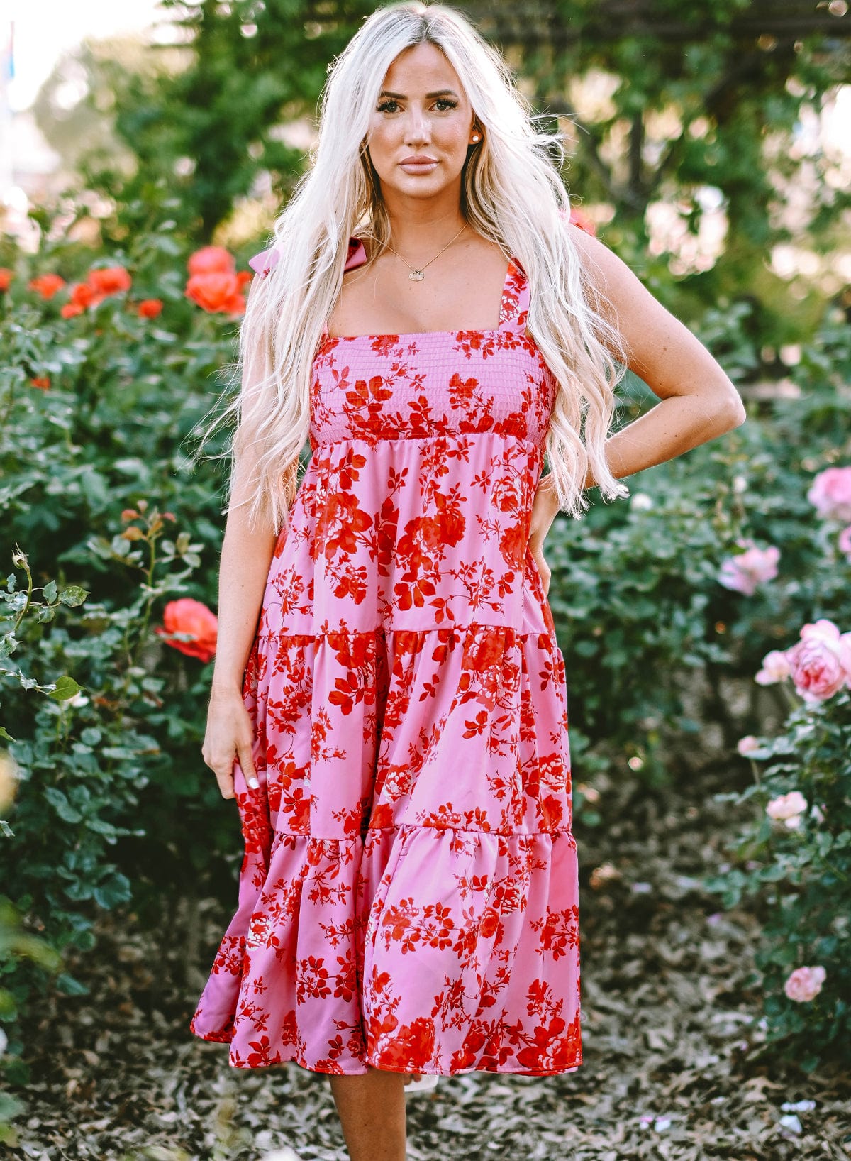 Pink Floral Tiered Bohemian Midi Dress with Tie Shoulder Straps