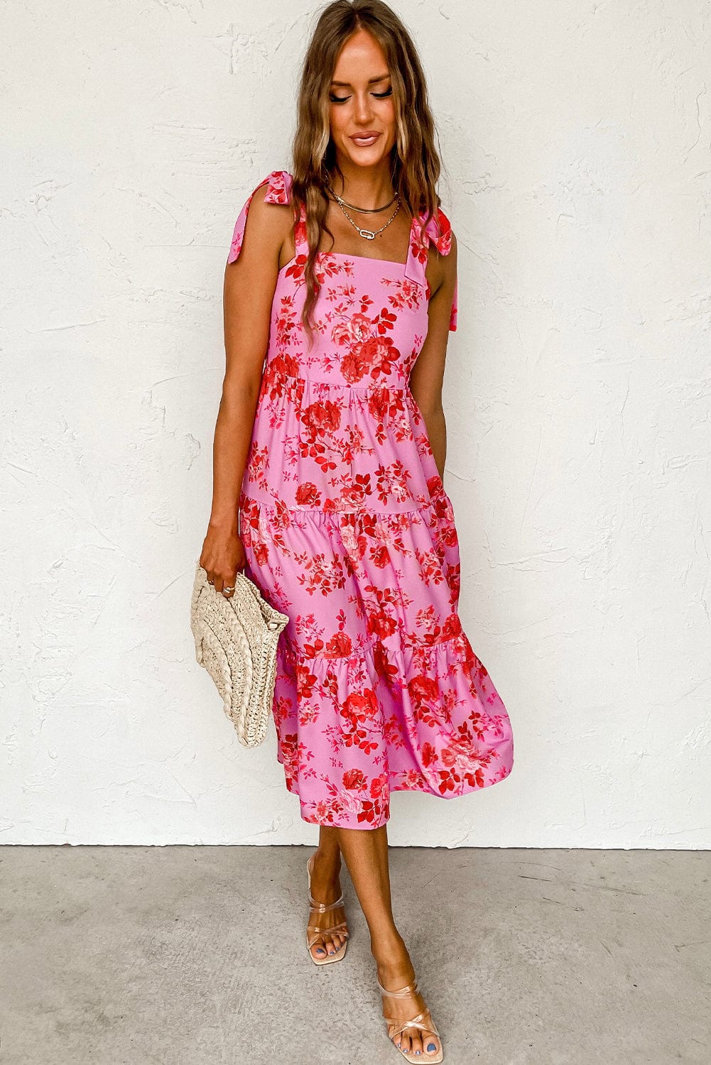 Pink Floral Tiered Bohemian Midi Dress with Tie Shoulder Straps