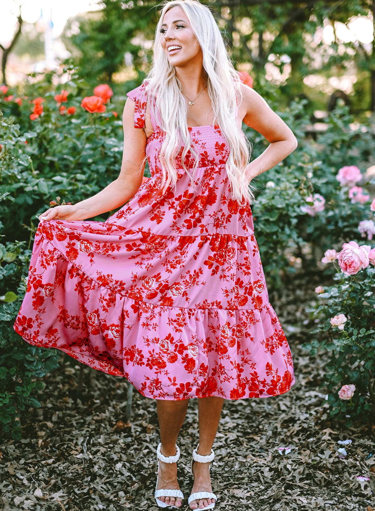 Pink Floral Tiered Bohemian Midi Dress with Tie Shoulder Straps