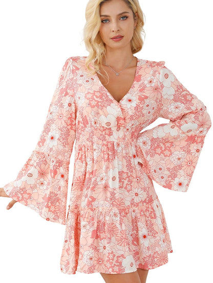Pink Floral V-Neck Bell Sleeve Mini Dress with Cinched Waist