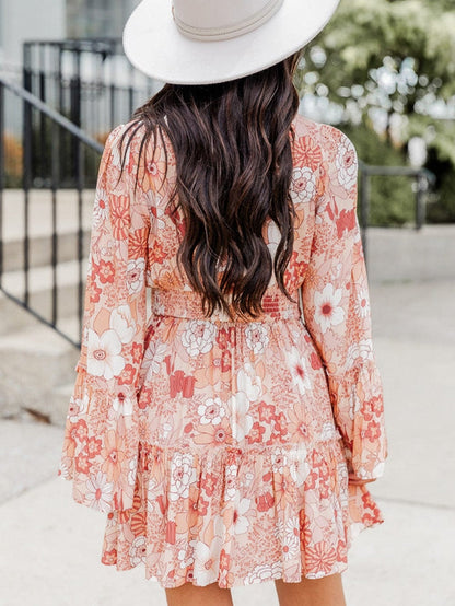 Pink Floral V-Neck Bell Sleeve Mini Dress with Cinched Waist