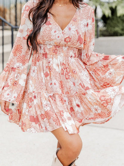 Pink Floral V-Neck Bell Sleeve Mini Dress with Cinched Waist