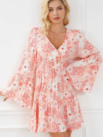 Pink Floral V-Neck Bell Sleeve Mini Dress with Cinched Waist