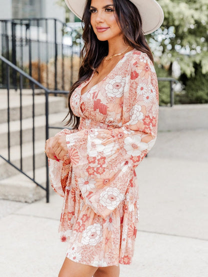 Pink Floral V-Neck Bell Sleeve Mini Dress with Cinched Waist